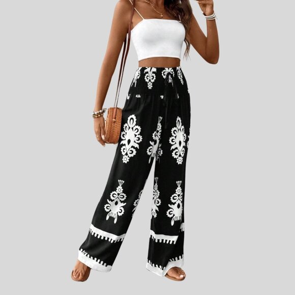 Shirred Drawstring Waist Wide Leg Tribal Print Pants - Picture 4 of 5